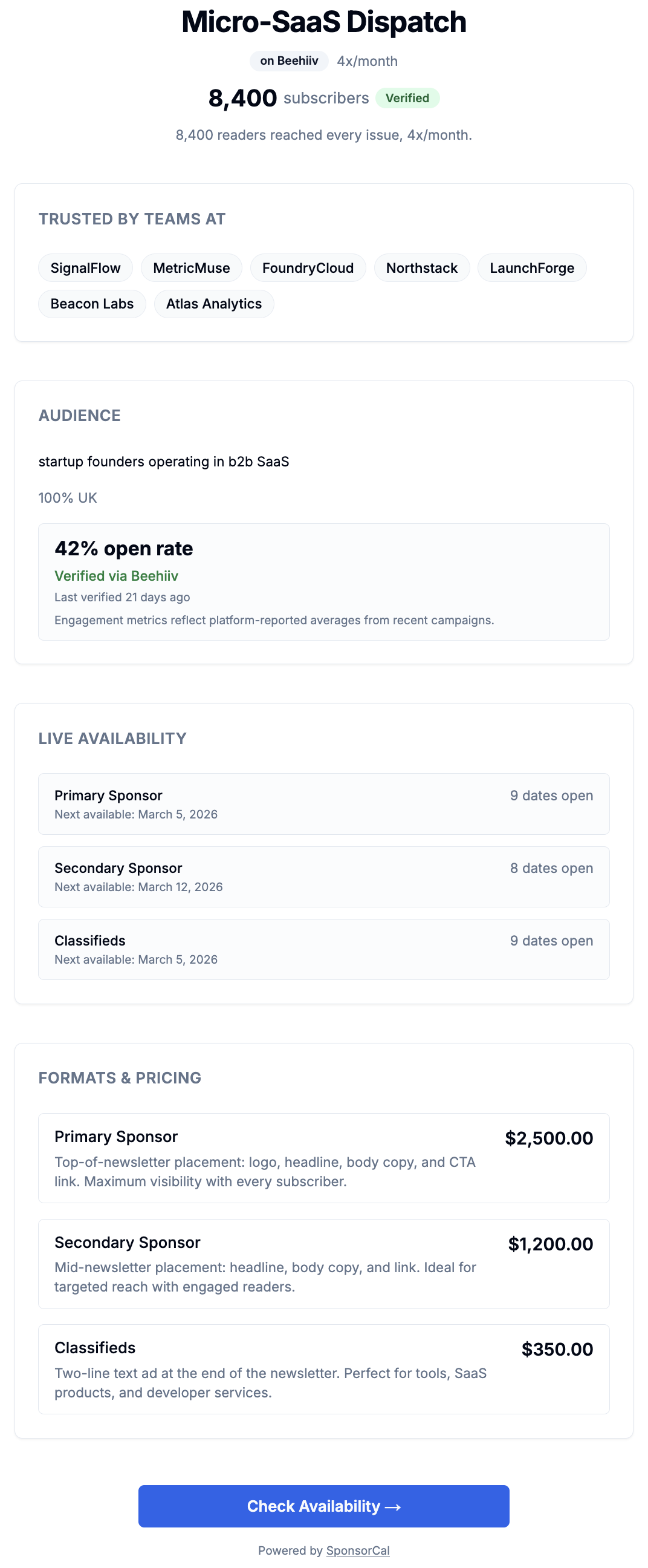 SponsorCal media kit showing verified subscriber count, open rate, past sponsors, and live availability